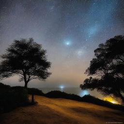 Uma lua brilhante no céu noturno emitindo um rastro luminoso de estrelas