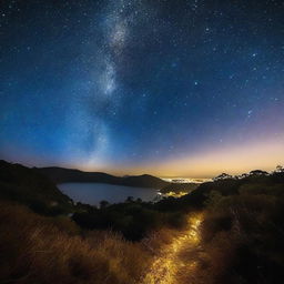 Uma lua brilhante no céu noturno emitindo um rastro luminoso de estrelas