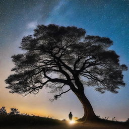 Uma lua brilhante no céu noturno emitindo um rastro luminoso de estrelas