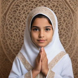 A respectful portrait of a young Islamic girl in traditional attire, with a background of beautifully designed Arabic patterns.