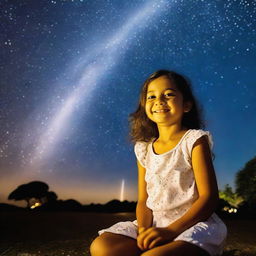 Uma lua infantil e sorridente no céu noturno emitindo um rastro luminoso de estrelas