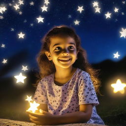 Uma lua infantil e sorridente no céu noturno emitindo um rastro luminoso de estrelas