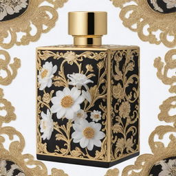 Construct the same intricate pattern without the perfume bottle. Retain the elements of florals, swirls, abstract aspects but only for a flat box design in gold, black, and white hues.