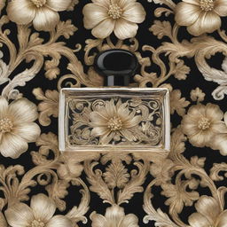 Construct the same intricate pattern without the perfume bottle. Retain the elements of florals, swirls, abstract aspects but only for a flat box design in gold, black, and white hues.