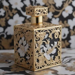 Construct the same intricate pattern without the perfume bottle. Retain the elements of florals, swirls, abstract aspects but only for a flat box design in gold, black, and white hues.