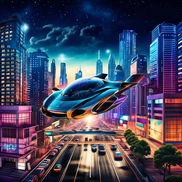 A sleek, modern flying car glides through a bustling, neon-lit cityscape at night, reflecting the vibrant activity and futuristic atmosphere