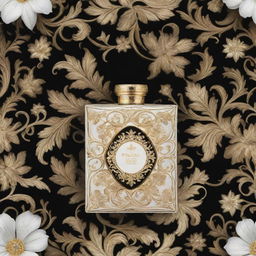 Construct the same intricate pattern without the perfume bottle. Retain the elements of florals, swirls, abstract aspects but only for a flat box design in gold, black, and white hues.