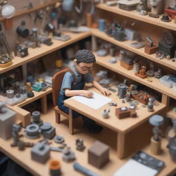 A miniature character, creator type, busy at work with various tools and inventions amidst a cluttered workspace.