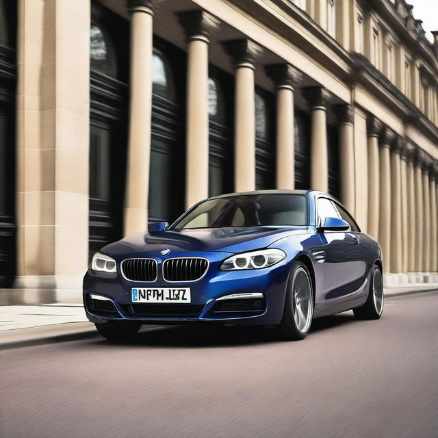 A black 2014 BMW F02 750Li with an Azurite Black color and a black front grill, drifting on a gritty street in the UK