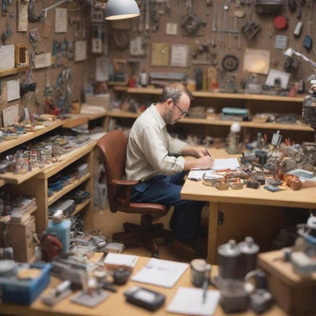 A miniature character, creator type, busy at work with various tools and inventions amidst a cluttered workspace.