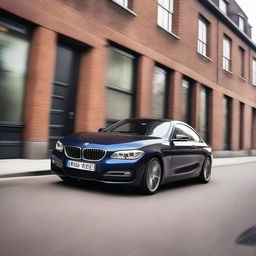 A black 2014 BMW F02 750Li with an Azurite Black color and a black front grill, drifting on a gritty street in the UK