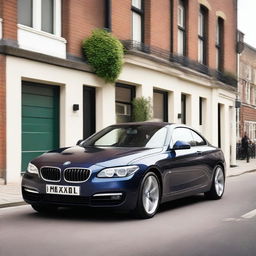 A black 2014 BMW F02 750Li with an Azurite Black color and a black front grill, drifting on a gritty street in the UK