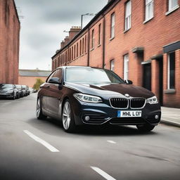 A black 2014 BMW F02 750Li with an Azurite Black color and a black front grill, drifting on a gritty street in the UK