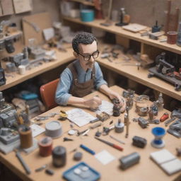 A miniature character, creator type, busy at work with various tools and inventions amidst a cluttered workspace.