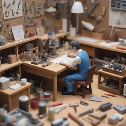 A miniature character, creator type, busy at work with various tools and inventions amidst a cluttered workspace.
