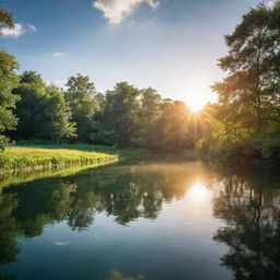 The fusion of sun shining over lush greenery, a serene body of water reflecting sunlight, and complex scientific structures, creating an image where nature and science beautifully coexist.