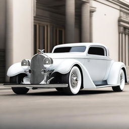 Create a custom hypercar that is a fusion of a white 1932 Buick Victoria sedan and a Ferrari