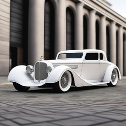 Create a custom hypercar that is a fusion of a white 1932 Buick Victoria sedan and a Ferrari