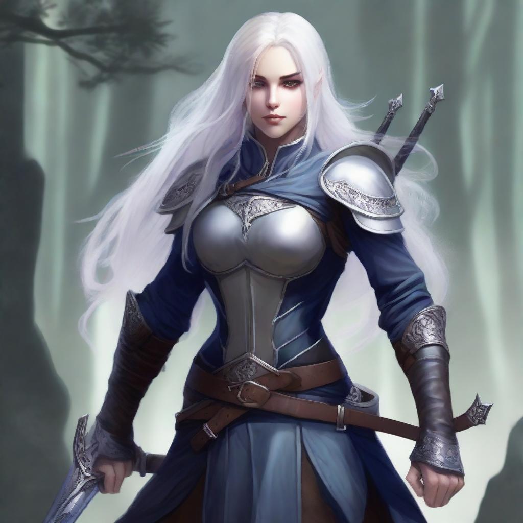 A young adult female drow with beautiful long silver hair and elegant, pale skin