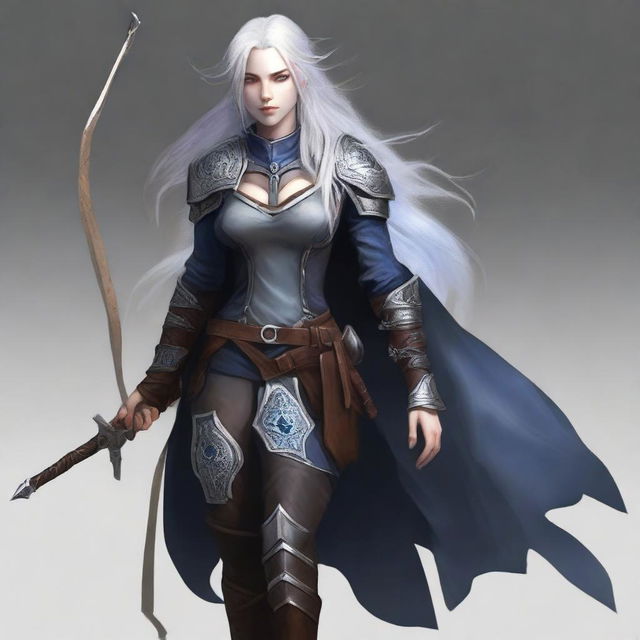 A young adult female drow with beautiful long silver hair and elegant, pale skin