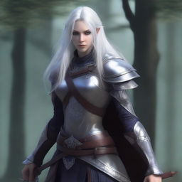 A young adult female drow with beautiful long silver hair and elegant, pale skin