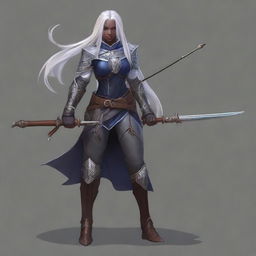 A young adult female drow with beautiful long silver hair and elegant, pale dark skin