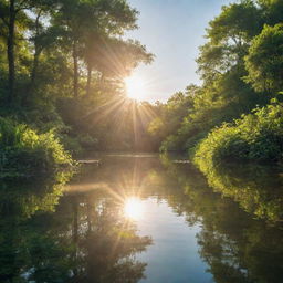 The fusion of sun shining over lush greenery, a serene body of water reflecting sunlight, and complex scientific structures, creating an image where nature and science beautifully coexist.