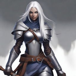 A young adult female drow with beautiful long silver hair and elegant, pale dark skin