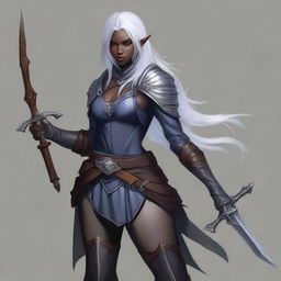 A young adult female drow with beautiful long silver hair and elegant, pale dark skin