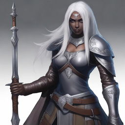 A young adult female drow with beautiful long silver hair and elegant, pale dark skin