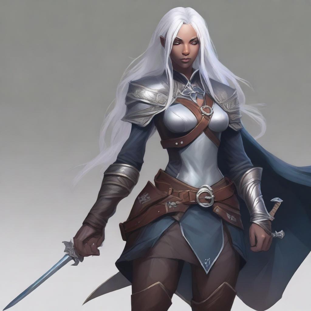 A young adult female drow with beautiful long silver hair and elegant, pale dark skin