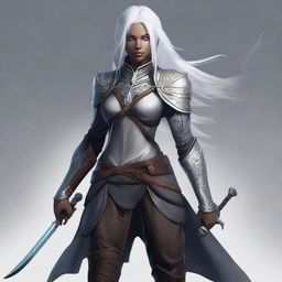 A young adult female drow with beautiful long silver hair and elegant, pale dark skin