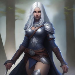 A young adult female drow with beautiful long silver hair and elegant, pale dark skin