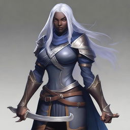 A young adult female drow with beautiful long silver hair and elegant, pale dark skin