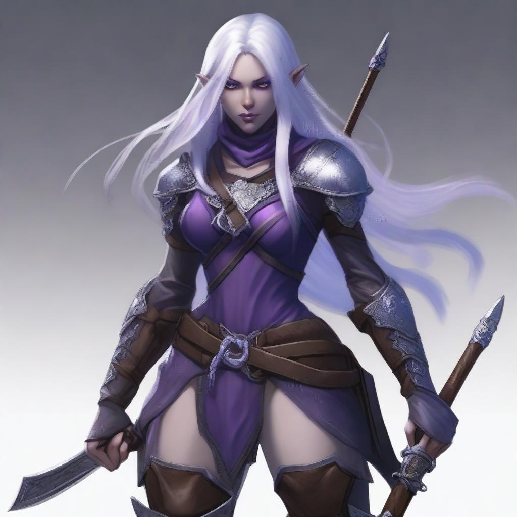 A young adult female drow with beautiful long silver hair and elegant, pale purple skin