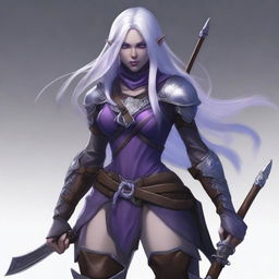 A young adult female drow with beautiful long silver hair and elegant, pale purple skin