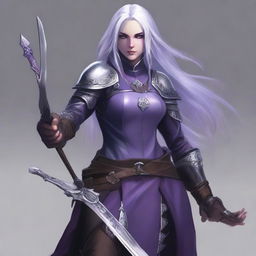 A young adult female drow with beautiful long silver hair and elegant, pale purple skin