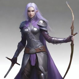 A young adult female drow with beautiful long silver hair and elegant, pale purple skin