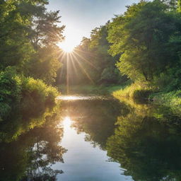 The fusion of sun shining over lush greenery, a serene body of water reflecting sunlight, and complex scientific structures, creating an image where nature and science beautifully coexist.