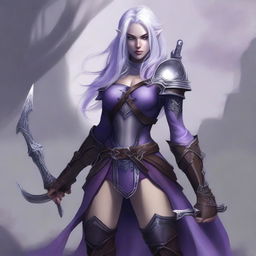 A young adult female drow with beautiful long silver hair and elegant, pale purple skin