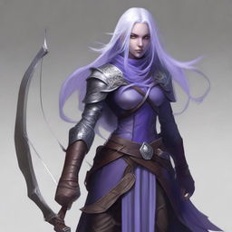 A young adult female drow with beautiful long silver hair and elegant, pale purple skin