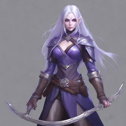 A young adult female drow with beautiful long silver hair and elegant, pale purple skin