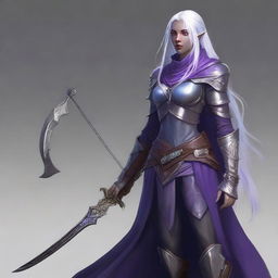 A young adult female drow with beautiful long silver hair and elegant, pale purple skin