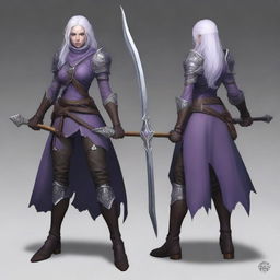 A young adult female drow with beautiful long silver hair and elegant, pale purple skin