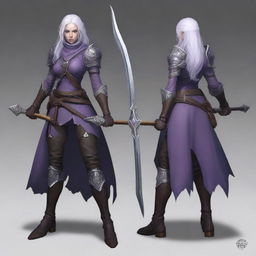 A young adult female drow with beautiful long silver hair and elegant, pale purple skin