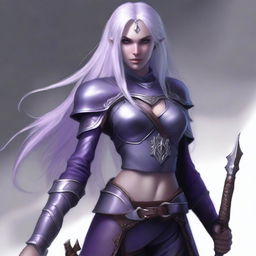 A young adult female drow with beautiful long silver hair and elegant, pale purple skin