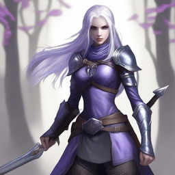 A young adult female drow with beautiful long silver hair and elegant, pale purple skin