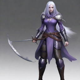 A young adult female drow with beautiful long silver hair and elegant, pale purple skin