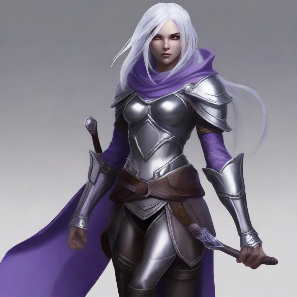 A young adult female drow with beautiful long silver hair and elegant, pale purple skin