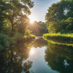 The fusion of sun shining over lush greenery, a serene body of water reflecting sunlight, and complex scientific structures, creating an image where nature and science beautifully coexist.